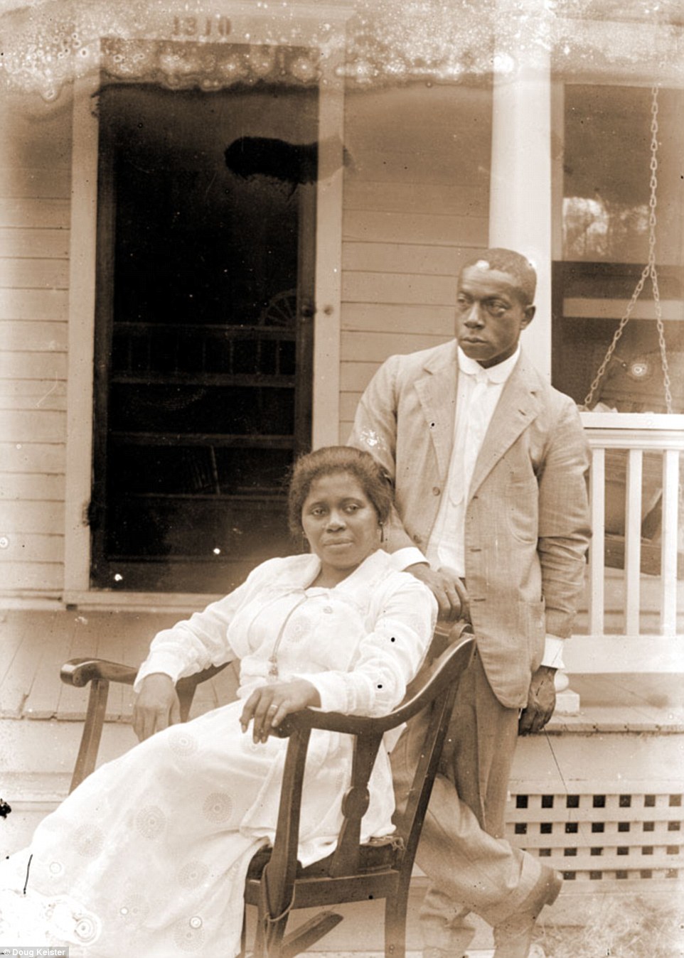 From 1910-1925 amateur photographer John Johnson (right) took hundreds of photographs of the African American and immigrant communities in Lincoln, Nebraska. Johnson married Odessa Price (left) on August 20, 1918. She was 27 and he was 39. This is believed to be their wedding portrait and someone would have helped Johnson trigger his camera's shutter. John went to Lincoln High School and was a member of the track team. He graduated in 1899 and briefly attended the University of Nebraska where he played football. He worked as a janitor at the post office and courthouse in Lincoln, but also did work as a laborer and drayman (someone who delivers beer for a brewery). Johnson and his wife died within months of each other in 1953