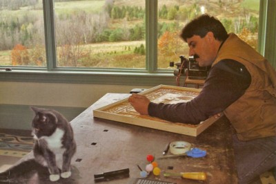 Stephen working on a woodcut in his home studio.